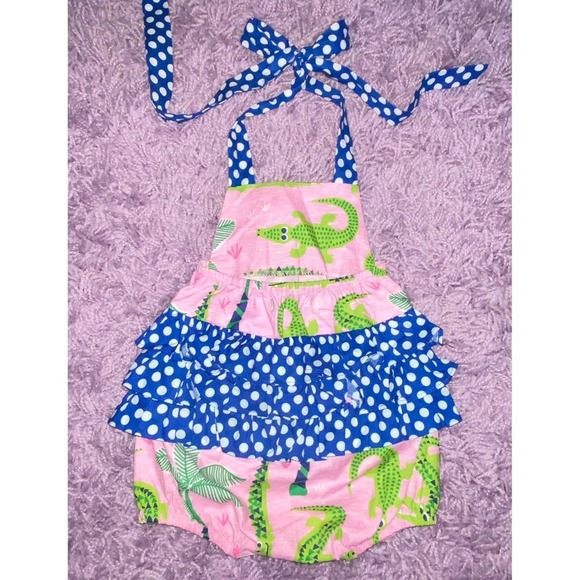 6/9 Ricrac & Ruffles Baby Girls Boutique Pink Green Alligator Bubble Romper - Picture 6 of 8